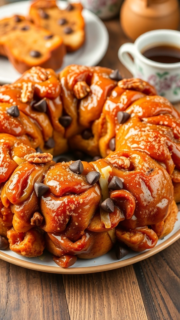 A golden-brown monkey bread with pull-apart pieces coated in cinnamon sugar, served on a rustic table.